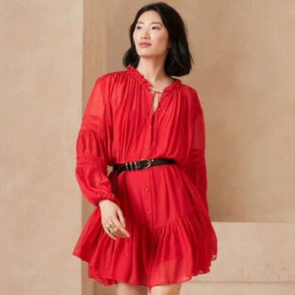 Banana Republic Crinkle Shirtdress with Silk in Red Sunset XS - Picture 1 of 12